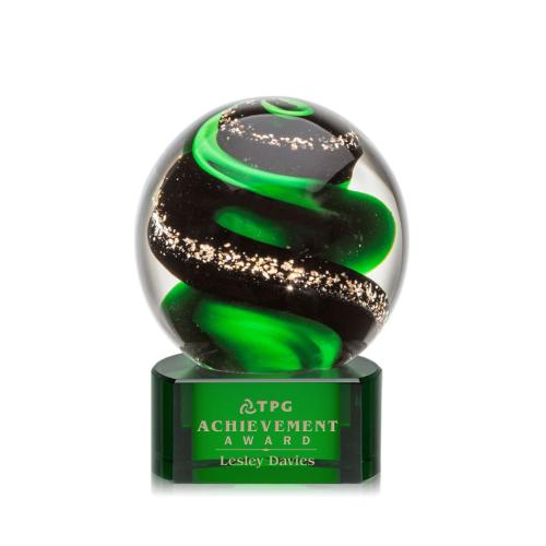 Awards and Trophies - Crystal Awards - Glass Awards - Art Glass Awards - Zodiac Green on Paragon Base Globe Glass Award