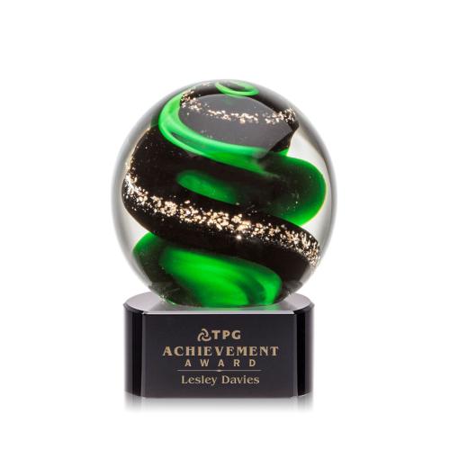Awards and Trophies - Crystal Awards - Glass Awards - Art Glass Awards - Zodiac Black on Paragon Base Globe Glass Award