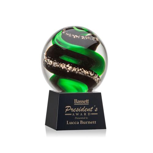 Awards and Trophies - Crystal Awards - Glass Awards - Art Glass Awards - Zodiac Black on Robson Base Globe Glass Award
