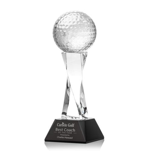 Awards and Trophies - Golf Ball Black on Langport Base Globe Crystal Award