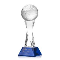 Employee Gifts - Golf Ball Blue on Langport Base Globe Crystal Award