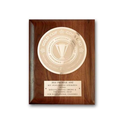 Awards and Trophies - Plaque Awards - Etch/Frosted Plaq - Walnut Rolled Edge/Gold