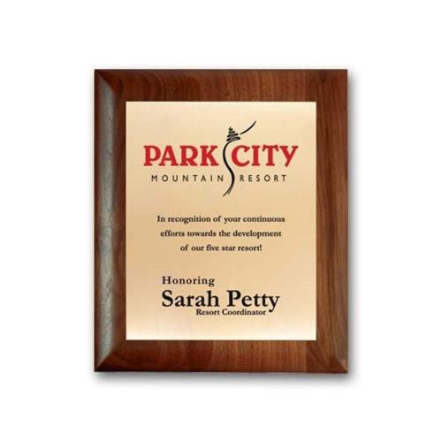 Awards and Trophies - Plaque Awards - Full Color Plaques - Screenprint Brass - Walnut Rolled Edge   