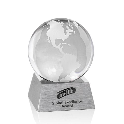 Awards and Trophies - Desktop Awards - Globe Globe on Aluminum Base Crystal Award