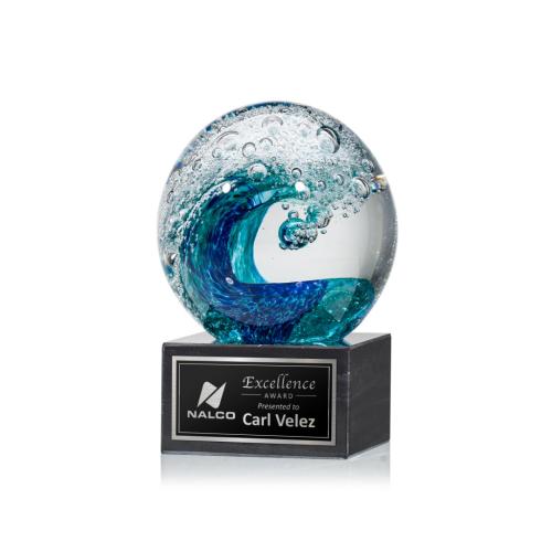 Awards and Trophies - Crystal Awards - Glass Awards - Art Glass Awards - Surfside Globe on Square Marble Glass Award