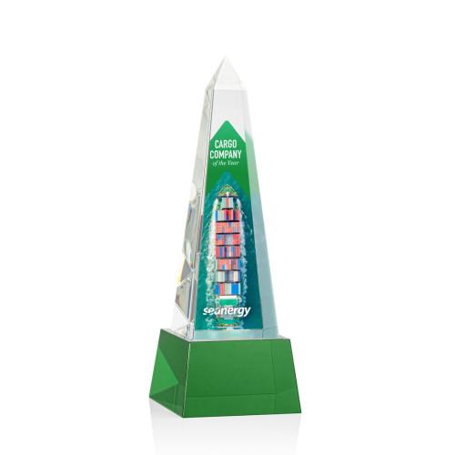 Awards and Trophies - Master Full Color Green on Base Obelisk Crystal Award