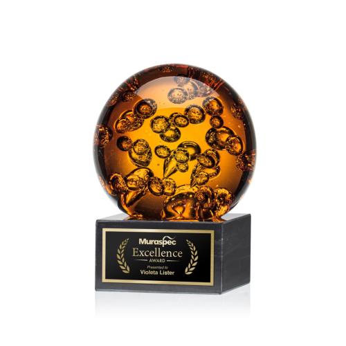Awards and Trophies - Crystal Awards - Glass Awards - Art Glass Awards - Avery Globe on Square Marble Glass Award