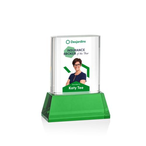 Awards and Trophies - Merit Full Color Green on Base Rectangle Crystal Award