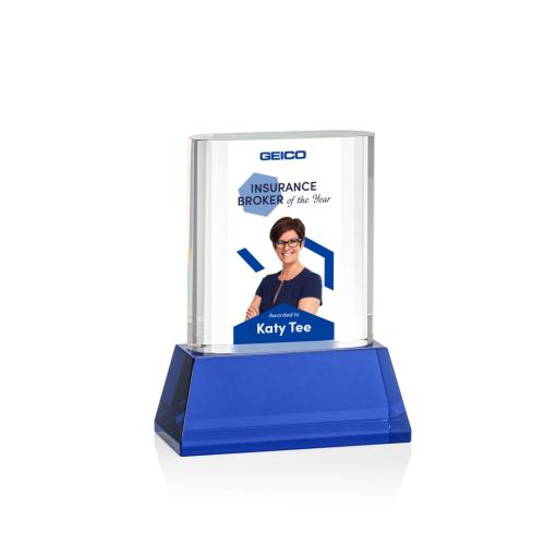 Awards and Trophies - Merit Full Color Blue on Base Rectangle Crystal Award