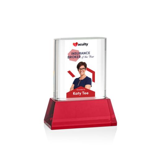 Awards and Trophies - Merit Full Color Red on Base Rectangle Crystal Award