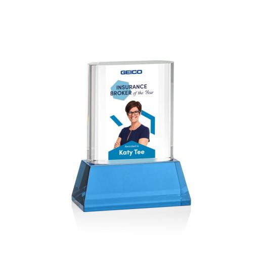 Awards and Trophies - Merit Full Color Sky Blue on Base Rectangle Crystal Award