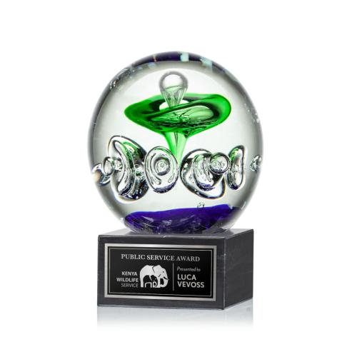 Awards and Trophies - Crystal Awards - Glass Awards - Art Glass Awards - Aquarius Globe on Square Marble Base Glass Award