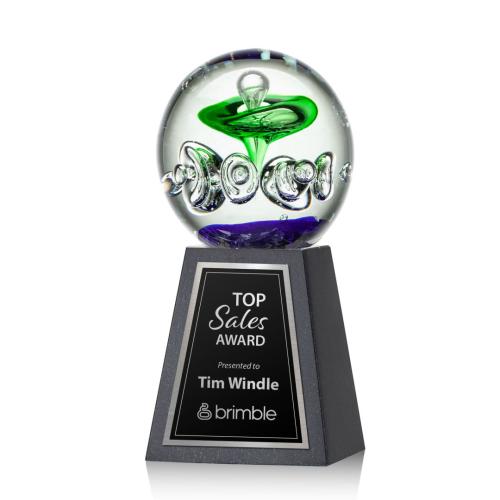 Awards and Trophies - Crystal Awards - Glass Awards - Art Glass Awards - Aquarius Globe on Tall Marble Base Glass Award