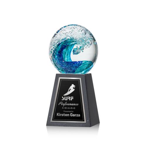 Awards and Trophies - Crystal Awards - Glass Awards - Art Glass Awards - Surfside Globe on Tall Marble Glass Award