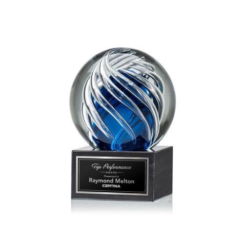 Awards and Trophies - Crystal Awards - Glass Awards - Art Glass Awards - Genista Globe on Square Marble Base Glass Award