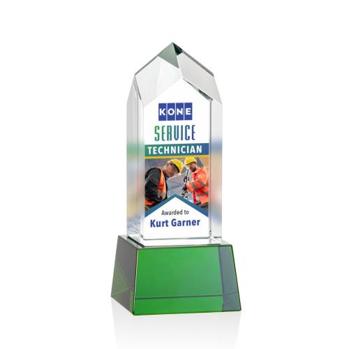 Awards and Trophies - Clarington Full Color Green on Base Towers Crystal Award
