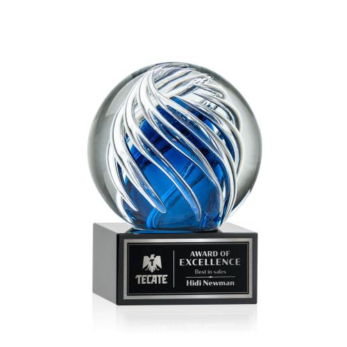 Awards and Trophies - Crystal Awards - Glass Awards - Art Glass Awards - Genista Black on Hancock Base Globe Glass Award