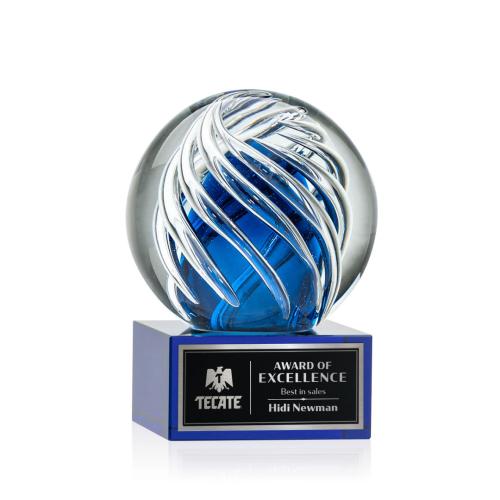 Awards and Trophies - Crystal Awards - Glass Awards - Art Glass Awards - Genista Blue on Hancock Base Globe Glass Award