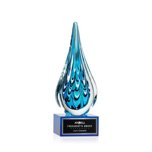 Awards and Trophies - Crystal Awards - Glass Awards - Art Glass Awards - Worchester Blue on Hancock Base Tear Drop Glass Award