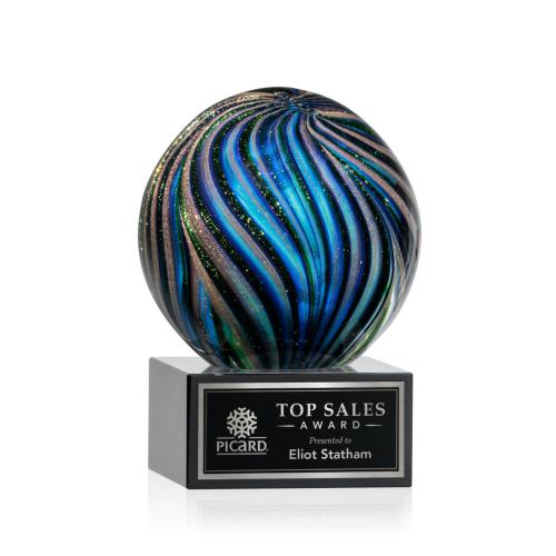 Awards and Trophies - Crystal Awards - Glass Awards - Art Glass Awards - Malton Black on Hancock Base Globe Glass Award