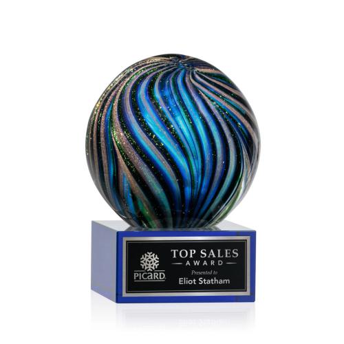 Awards and Trophies - Crystal Awards - Glass Awards - Art Glass Awards - Malton Blue on Hancock Base Globe Glass Award
