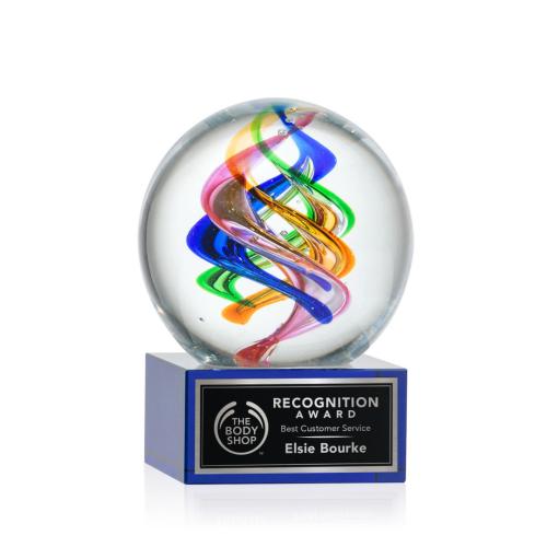 Awards and Trophies - Crystal Awards - Glass Awards - Art Glass Awards - Galileo Blue on Hancock Base Globe Glass Award