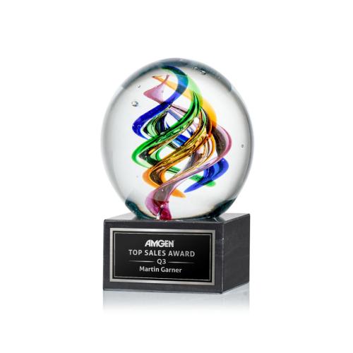 Awards and Trophies - Crystal Awards - Glass Awards - Art Glass Awards - Galileo Globe on Square Marble Base Glass Award