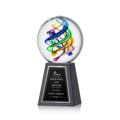 Awards and Trophies - Crystal Awards - Glass Awards - Art Glass Awards - Galileo Globe on Tall Marble Base Glass Award