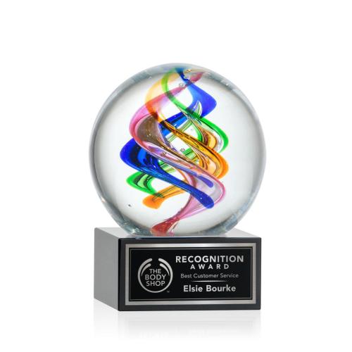 Awards and Trophies - Crystal Awards - Glass Awards - Art Glass Awards - Galileo Black on Hancock Base Globe Glass Award