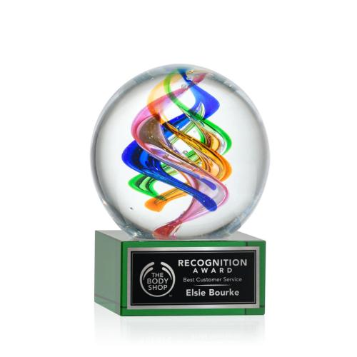 Awards and Trophies - Crystal Awards - Glass Awards - Art Glass Awards - Galileo Green on Hancock Base Globe Glass Award