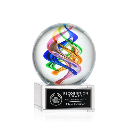 Awards and Trophies - Crystal Awards - Glass Awards - Art Glass Awards - Galileo Clear on Hancock Base Globe Glass Award