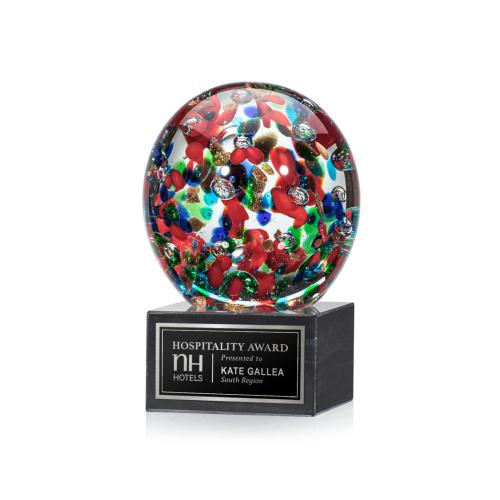 Awards and Trophies - Crystal Awards - Glass Awards - Art Glass Awards - Fantasia Globe on Square Marble Glass Award