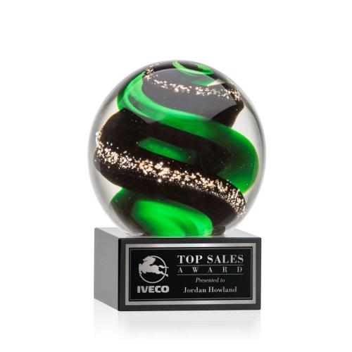 Awards and Trophies - Crystal Awards - Glass Awards - Art Glass Awards - Zodiac Black on Hancock Base Globe Glass Award