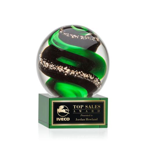 Awards and Trophies - Crystal Awards - Glass Awards - Art Glass Awards - Zodiac Green on Hancock Base Globe Glass Award