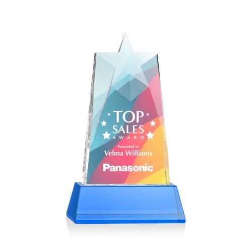 Awards and Trophies - Millington Full Color Sky Blue on Base Star Crystal Award