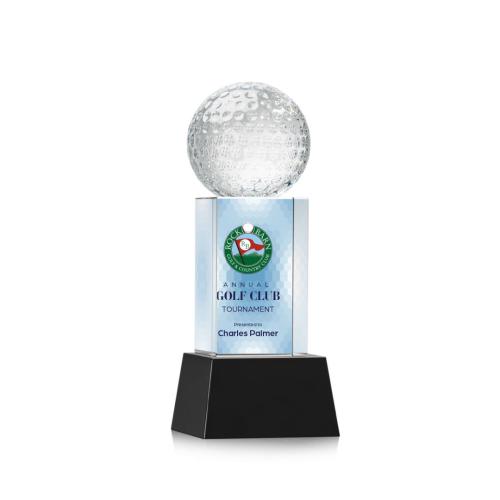 Awards and Trophies - Golf Ball Full Color Black on Belcroft Globe Crystal Award