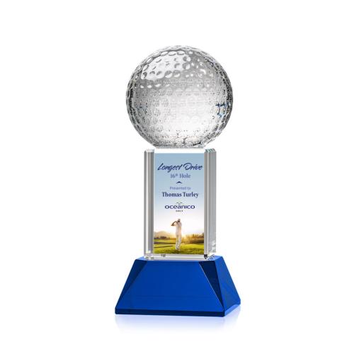 Awards and Trophies - Golf Ball Full Color Blue on Stowe Globe Crystal Award