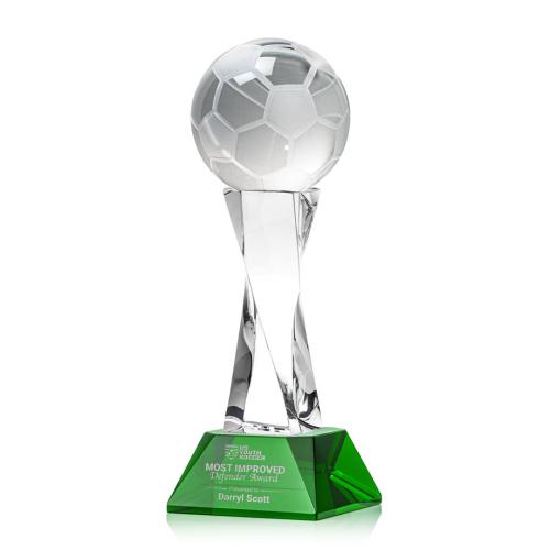 Awards and Trophies - Soccer Ball Green on Langport Base Globe Crystal Award