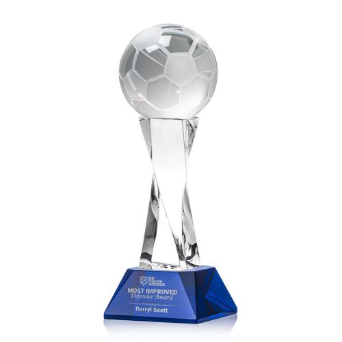 Awards and Trophies - Soccer Ball Blue on Langport Base Globe Crystal Award