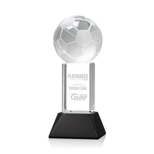 Awards and Trophies - Soccer Ball Black on Stowe Base Globe Crystal Award