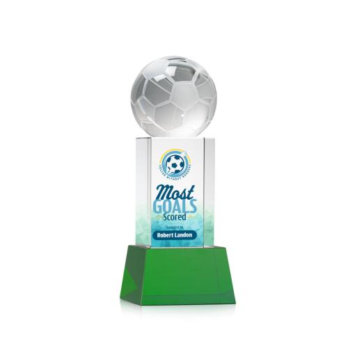 Awards and Trophies - Soccer Ball Full Color Green on Belcroft Globe Crystal Award