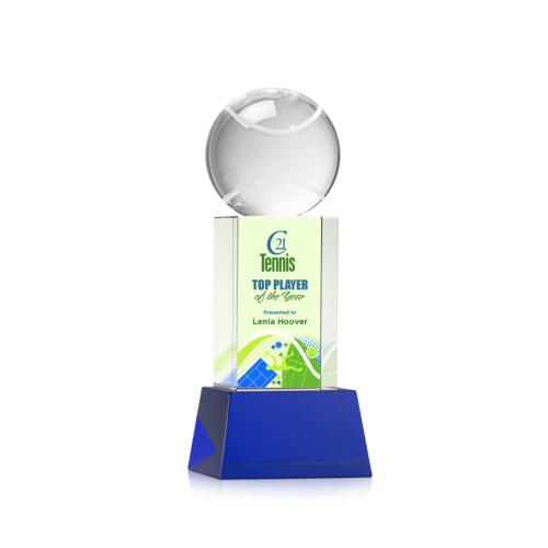 Awards and Trophies - Tennis Ball Full Color Blue on Belcroft Globe Crystal Award