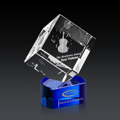 Awards and Trophies - Burrill 3D Blue on Paragon Base Square / Cube Crystal Award