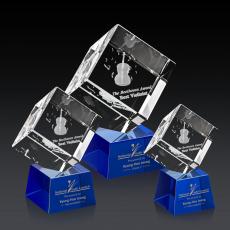 Employee Gifts - Burrill 3D Blue on Robson Base Square / Cube Crystal Award