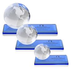 Globe Sky Blue on Rectangle Base Globe Crystal Award - Awards and Gifts