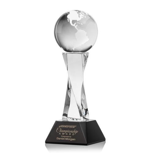 Awards and Trophies - Crystal Awards - Globe Black on Langport Base Globe Crystal Award