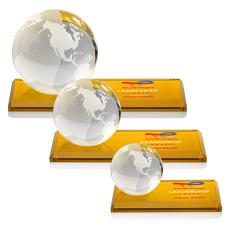 Globe Full Color Amber on Rectangle Base Globe Crystal Award - Full Color Imprint