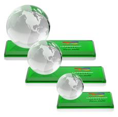 Globe Full Color Green on Rectangle Base Globe Crystal Award - Globe Awards