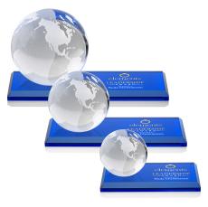 Globe Full Color Blue on Rectangle Base Globe Crystal Award - Full Color Imprint