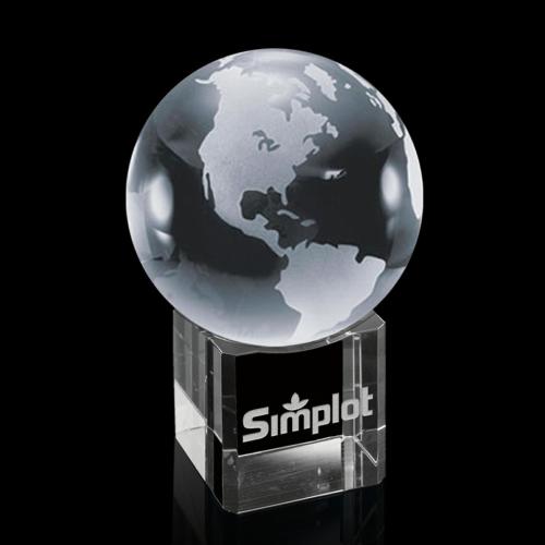 Awards and Trophies - Crystal Awards - Globe On Cube Globe Crystal Award